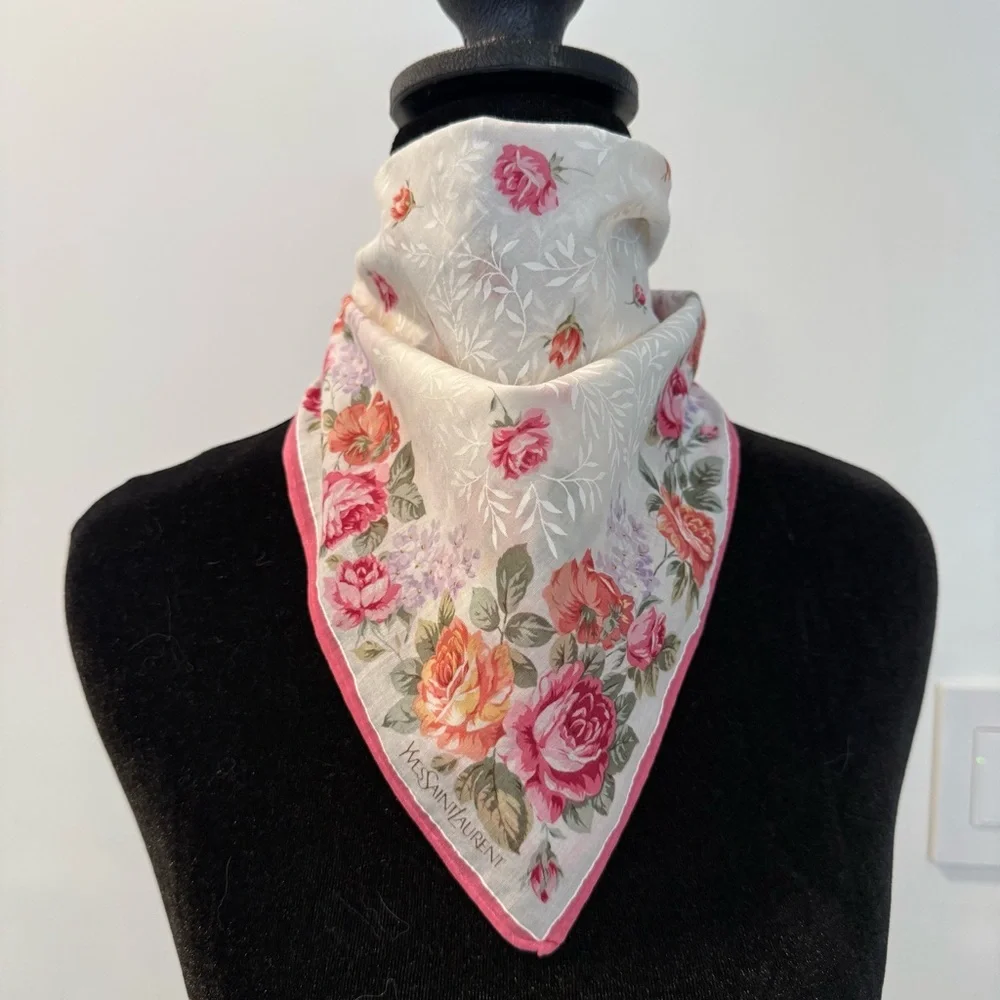 Yves Saint Laurent Rose Patterned Cotton Scarf in White and Pink 20”